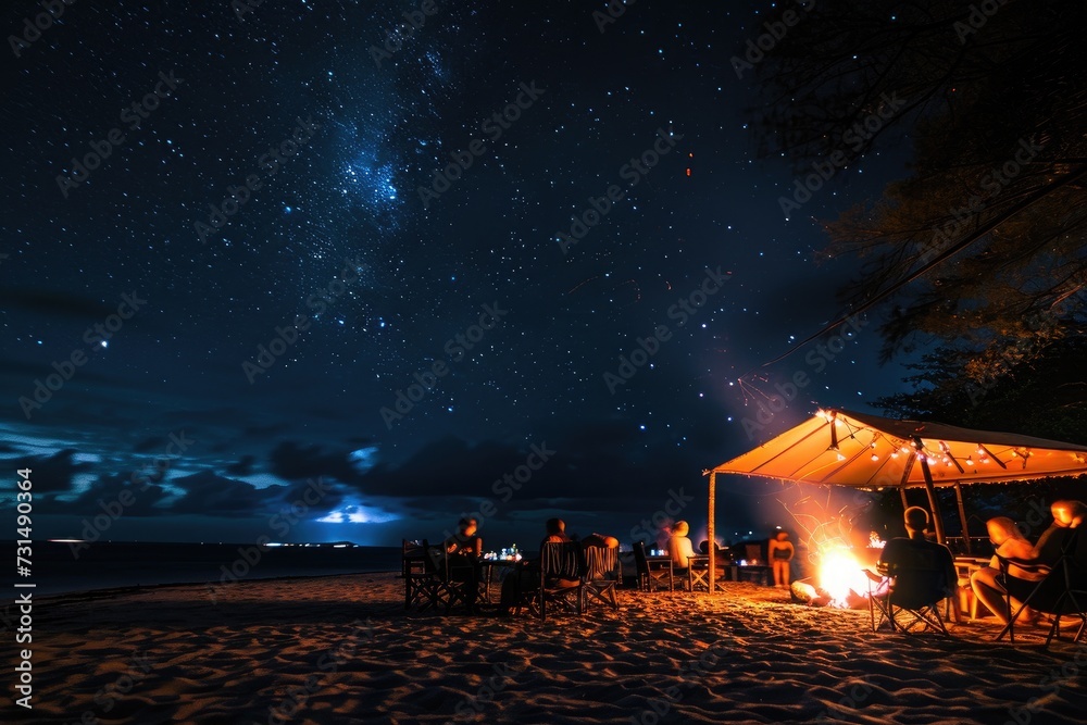 A group of people sits together around a campfire, gazing at a breathtaking night sky filled with shimmering stars, A chilled out bonfire party at the beach under a star-lit sky, AI Generated