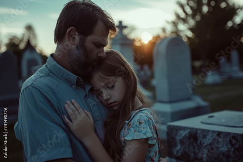 father and his daughter grieving together at the graveyard