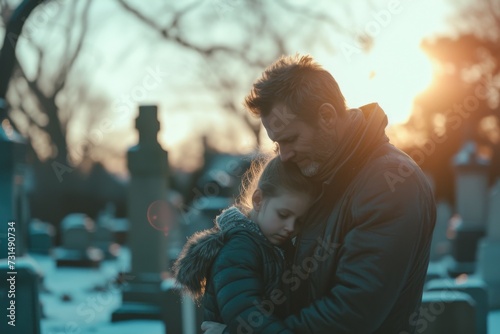 father and his daughter grieving together at the graveyard