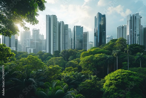 A breathtaking view of a lush green forest contrasted by the towering presence of modern buildings, A city of skyscrapers juxtaposed with verdant city parks, AI Generated