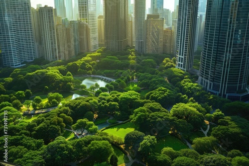 This photo displays an entire city park from above during daylight hours  A city of skyscrapers juxtaposed with verdant city parks  AI Generated