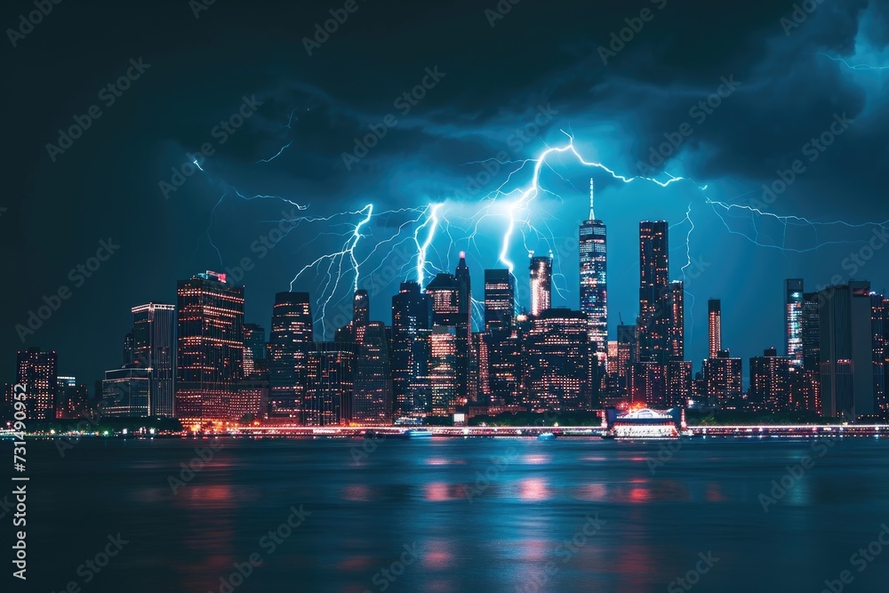 A stunning photograph capturing a city at night with a mesmerizing and intense lightning storm illuminating the sky, A city skyline lit by forked lightning, AI Generated