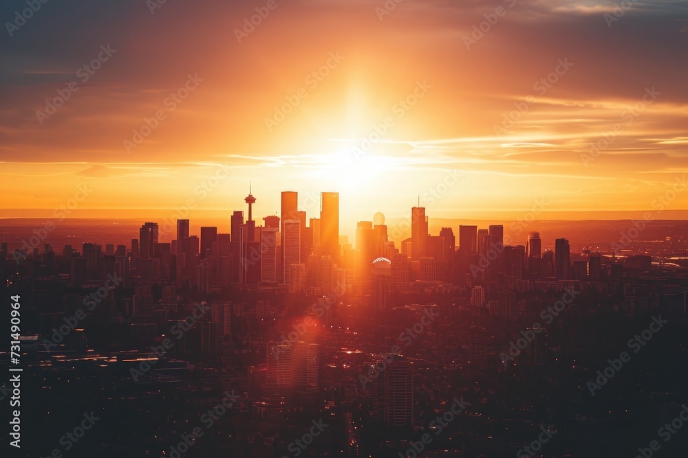 A stunning photo capturing the sun as it sets over a bustling city filled with towering buildings, A city skyline silhouetted against the setting sun from an aerial view, AI Generated A stunning photo capturing the sun as it sets over a bustling city filled with towering buildings, A city skyline silhouetted against the setting sun from an aerial view, AI Generated