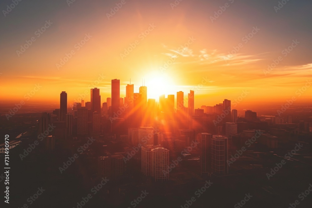 Witness the breathtaking beauty of a cityscape as the sun gracefully descends below the horizon, A city skyline silhouetted against the setting sun from an aerial view, AI Generated