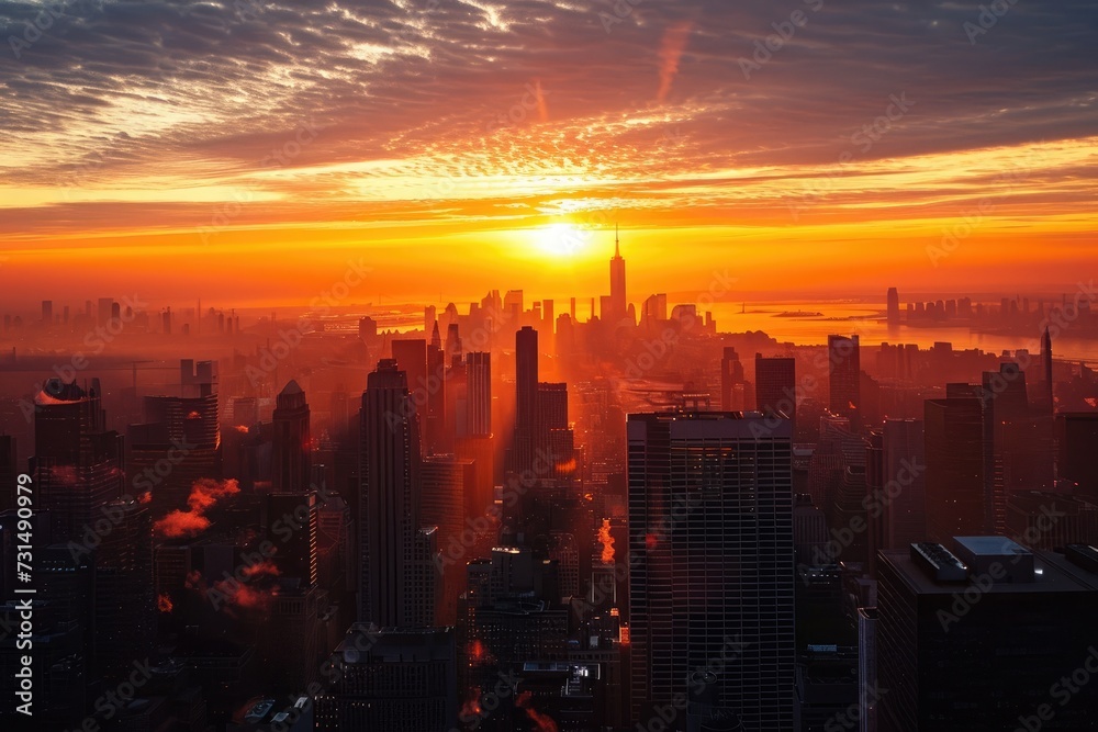 A captivating photo capturing the sun as it sets over a cityscape dominated by impressive skyscrapers, A city skyline silhouetted against the setting sun from an aerial view, AI Generated