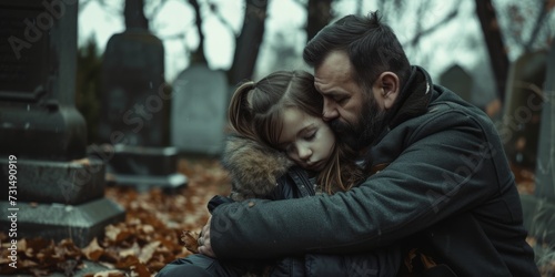 father and his daughter grieving together at the graveyard