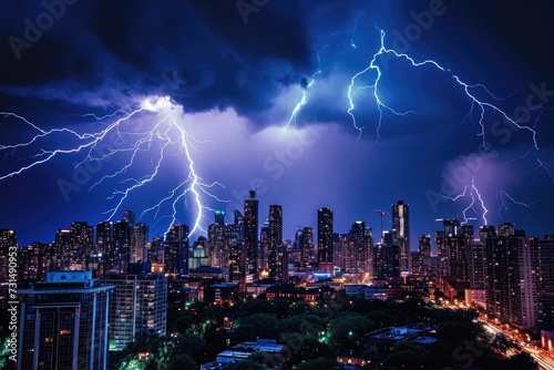 Captured at the peak of an intense thunderstorm, this photo showcases a city engulfed in awe-inspiring lightning bolts, A city skyline lit by forked lightning, AI Generated