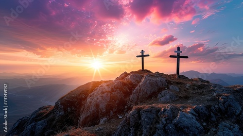 Rise with Faith! Three Crosses Atop a Majestic Mountain at Sunrise. Witness the Spiritual Awakening in Nature's Glory. Perfect for Inspiration and Reflection!