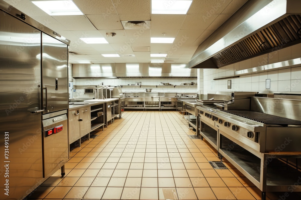 Fototapeta premium A professional commercial kitchen equipped with stainless steel appliances and featuring durable tile flooring, A clean, empty restaurant kitchen with shiny appliances and tiled floors, AI Generated