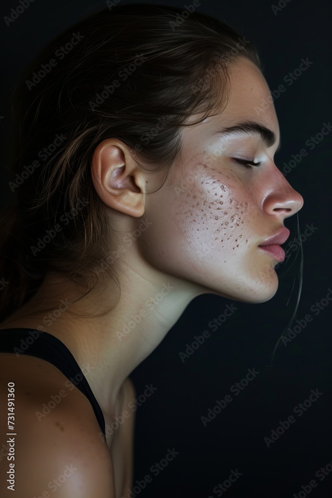 Woman with acne scars on skin against black background