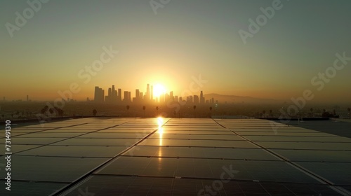 Landscape photography  Solar panels sprawling across a rooftop  with the city skyline in the background under a clear sky