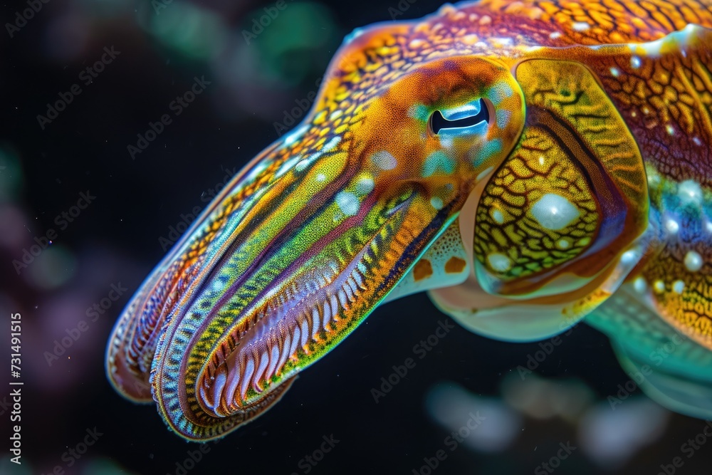 A vibrant, close-up photo of a beautiful squid showcasing its striking colors against a dark, black background, A close-up look at a flamboyant cuttlefish changing colors and patterns, AI Generated A vibrant, close-up photo of a beautiful squid showcasing its striking colors against a dark, black background, A close-up look at a flamboyant cuttlefish changing colors and patterns, AI Generated