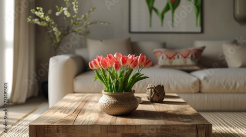 minimal home interior with stylish wooden coffee table and bouquet of fresh tulips 