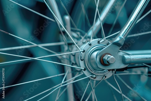 This close-up photo showcases the intricate system of spokes and hubs on a bicycle wheel, A close-up shot of a spinning bike wheel, AI Generated