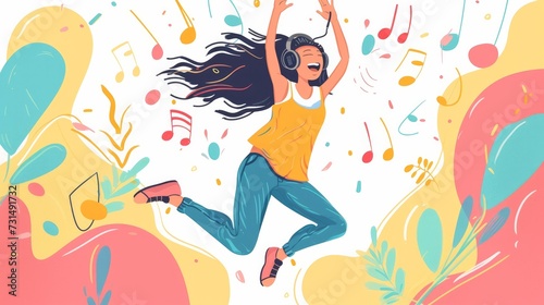 portrait happy woman jumping and listening music 