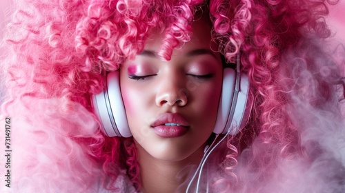 portrait of curly pink haired woman in massive white headphones 
