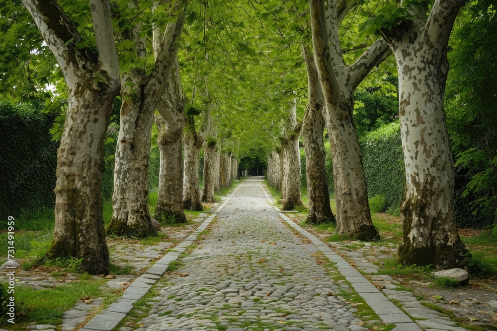 A tranquil pathway lined with graceful trees and cobblestones, inviting you to take a peaceful stroll, A cobbled pathway flanked by towering sycamore trees in a park, AI Generated A tranquil pathway lined with graceful trees and cobblestones, inviting you to take a peaceful stroll, A cobbled pathway flanked by towering sycamore trees in a park, AI Generated