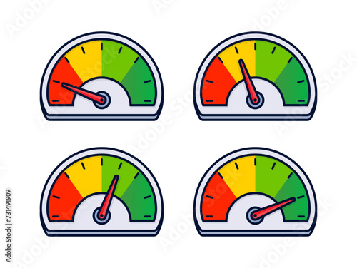 Speedometer set, gauge meter. Speed dial indicator. Scale, level of performance. Score progress. Vector illustration