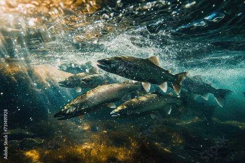 A fascinating sight of a large group of fish swimming together in their natural habitat, A cluster of salmon swimming against the current in a sparkling river, AI Generated