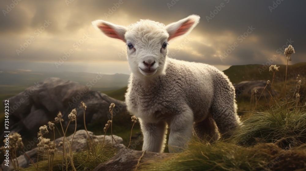 Fototapeta premium A little lamb is standing in a field. Agricultural industry.