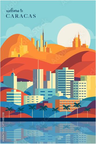 Caracas retro city poster with abstract shapes of skyline, buildings at sunrise or sunset. Vintage Venezuela capital metropolitan travel vector illustration