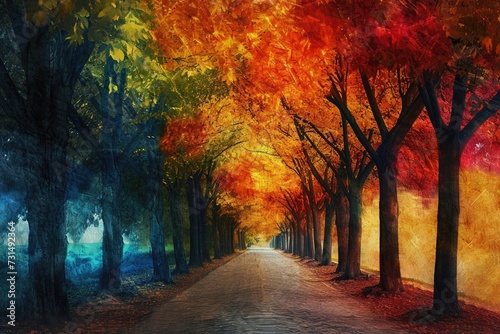 This beautiful painting captures the tranquility of a road enveloped by a charming row of trees, A colorful artwork featuring a tree alley and walking path in late fall, AI Generated