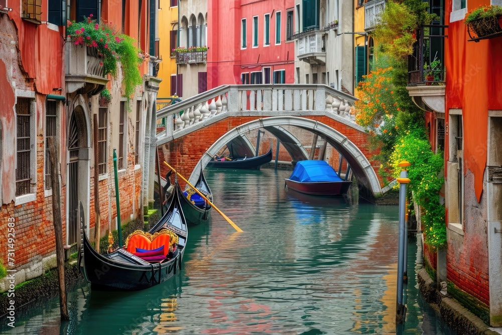 Two gondolas peacefully resting in the water of a serene canal in the enchanting city of Venice, A colorful Venetian canal with gondolas gently floating under delicate bridges, AI Generated