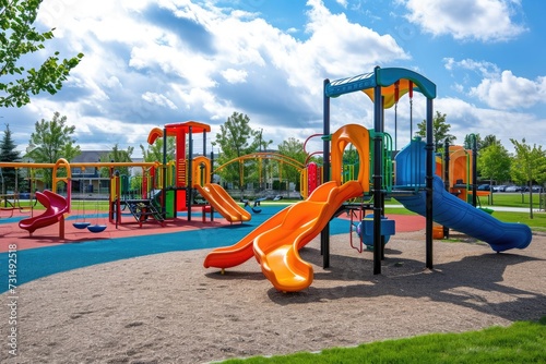 Childrens Play Area in Park, A Safe and Fun Space for Kids to Play and Explore, A colorful playground equipped with swings, slides, and seesaws, AI Generated photo