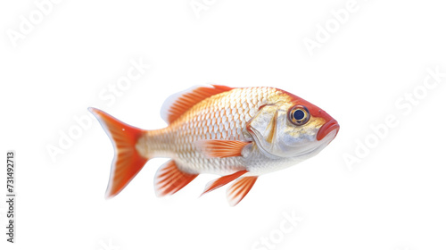 Side view of bright red and white freshwater fish in an aquarium.