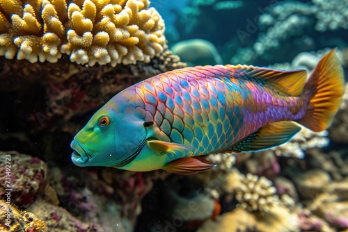 A vibrant and multi-colored fish swims gracefully in the clear water, showcasing its beauty and agility, A vividly coloured Parrotfish sneakily nibbling on some reef, AI Generated