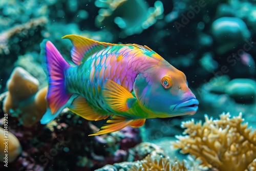 A vibrant fish with bright colors swims gracefully in an aquarium filled with water and plants, A vividly coloured Parrotfish sneakily nibbling on some reef, AI Generated © Iftikhar alam