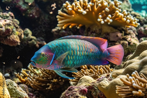 A brightly colored fish effortlessly navigates through the crystal clear water  A vividly coloured Parrotfish sneakily nibbling on some reef  AI Generated