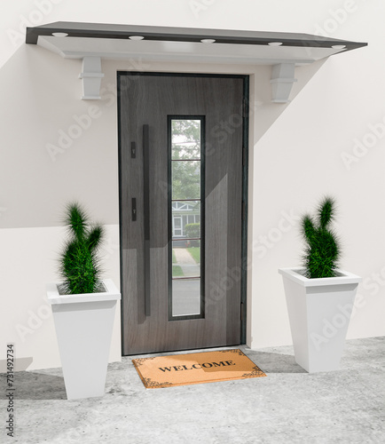 Designer entrance door to a country house. Modern design. luxurious exterior. Facade of a modern building with modern doors.