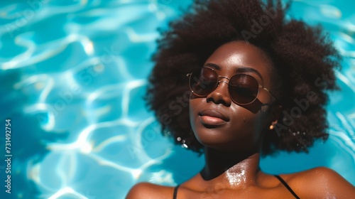 Youthful African woman relaxing by the pool on summer holidays.