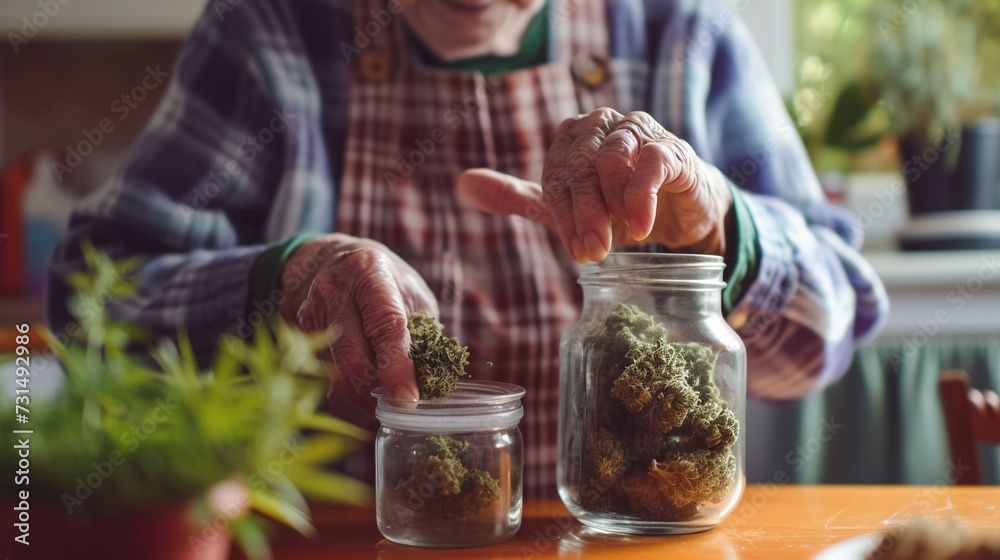 An elderly man prepares a prescription for medicine - a dose of cannabis buds. Using CBD in the Elderly to Reduce Rheumatism and Pain, Modern Medicine. Old people. Marijuana. - obrazy, fototapety, plakaty 