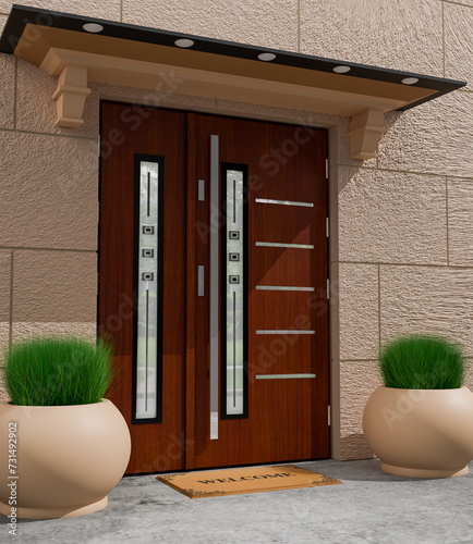Designer entrance door to a country house. Modern design. luxurious exterior. Facade of a modern building with modern doors.