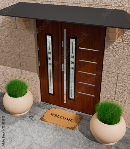 Designer entrance door to a country house. Modern design. luxurious exterior. Facade of a modern building with modern doors.