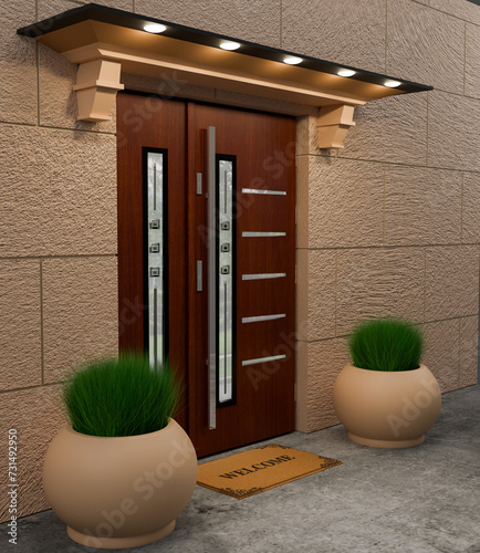 Designer entrance door to a country house. Modern design. luxurious exterior. Facade of a modern building with modern doors.