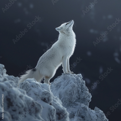 A white fox stands gracefully on a snowy peak, a black background. , ai generated. © naphat