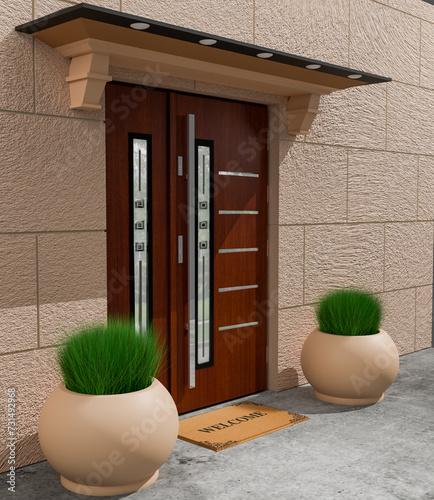 Designer entrance door to a country house. Modern design. luxurious exterior. Facade of a modern building with modern doors.