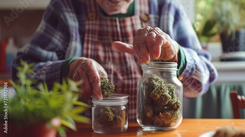 An elderly man prepares a prescription for medicine - a dose of cannabis buds. Using CBD in the Elderly to Reduce Rheumatism and Pain, Modern Medicine. Old people. Marijuana. photo