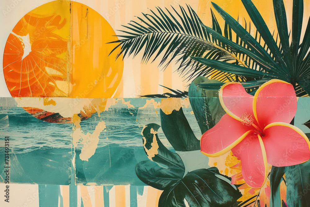 Fotografie Retro tropical beach with collage art abstract background