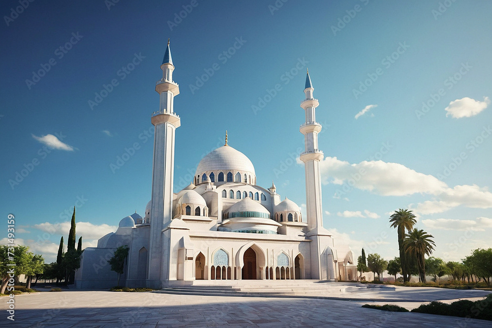 Naklejka premium A 3D Illustration Featuring a Mosque with a Central Gate