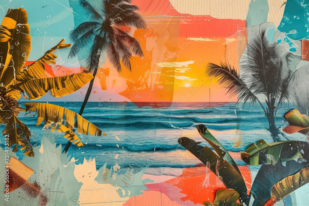 Retro tropical beach with collage art abstract background. Generative ai. - obrazy, fototapety, plakaty 