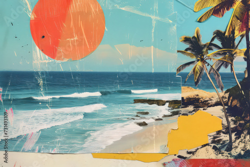 Retro tropical beach with collage art abstract background. Generative ai.