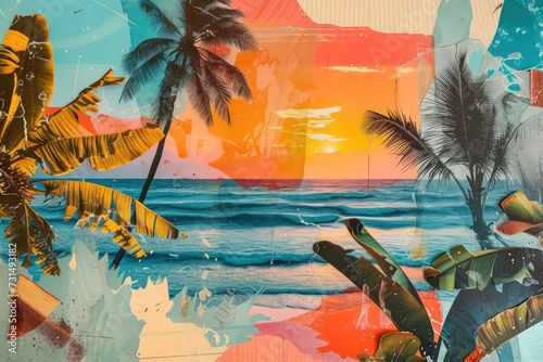 Retro tropical beach with collage art abstract background. Generative ai. © tonktiti