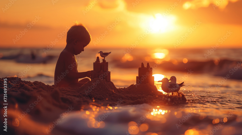 A child builds a sandcastle on the beach at sunset. little birds sit next to him