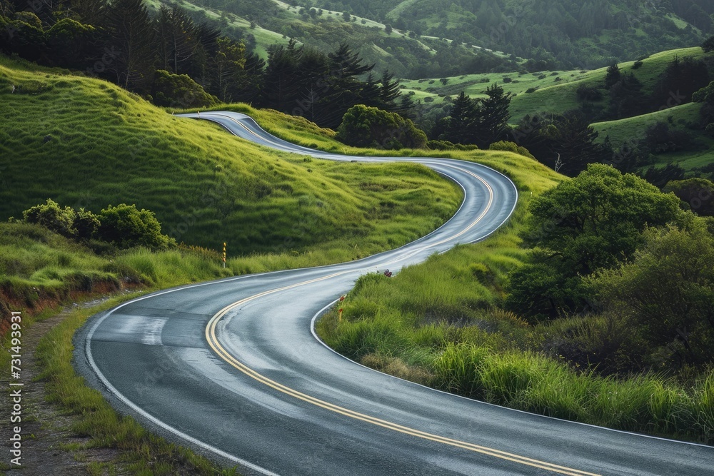 Fototapeta premium A photograph capturing a winding road as it curves through a vibrant green hillside in a rural setting, A winding road leading upwards to signify the relentless rise of inflation, AI Generated