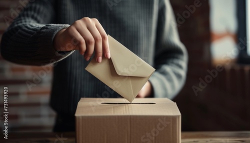 hand that is putting an envelope into a ballot box - voting day concept