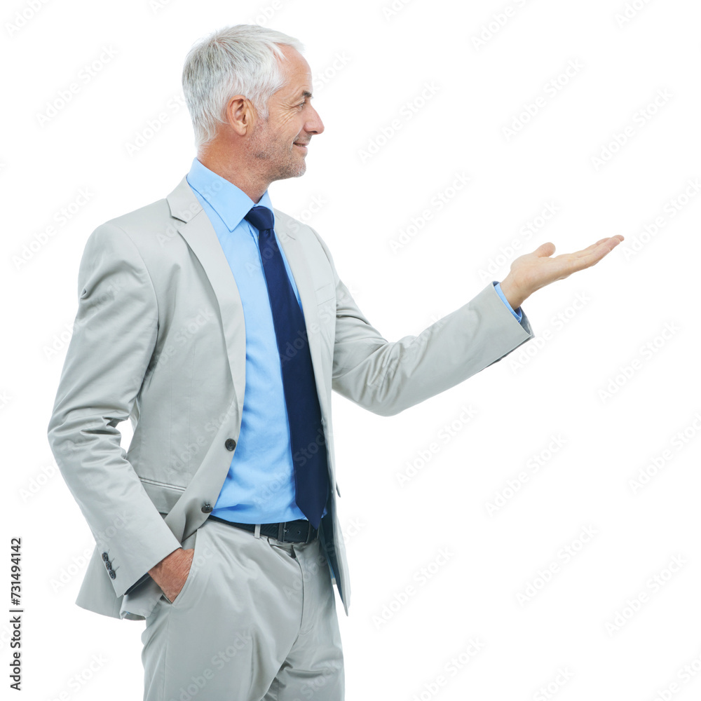 Hand, mockup and senior businessman in studio for marketing, promotion or advertising. Career, space and professional mature male lawyer with open palm for presentation gesture by white background. Hand, mockup and senior businessman in studio for marketing, promotion or advertising. Career, space and professional mature male lawyer with open palm for presentation gesture by white background.
